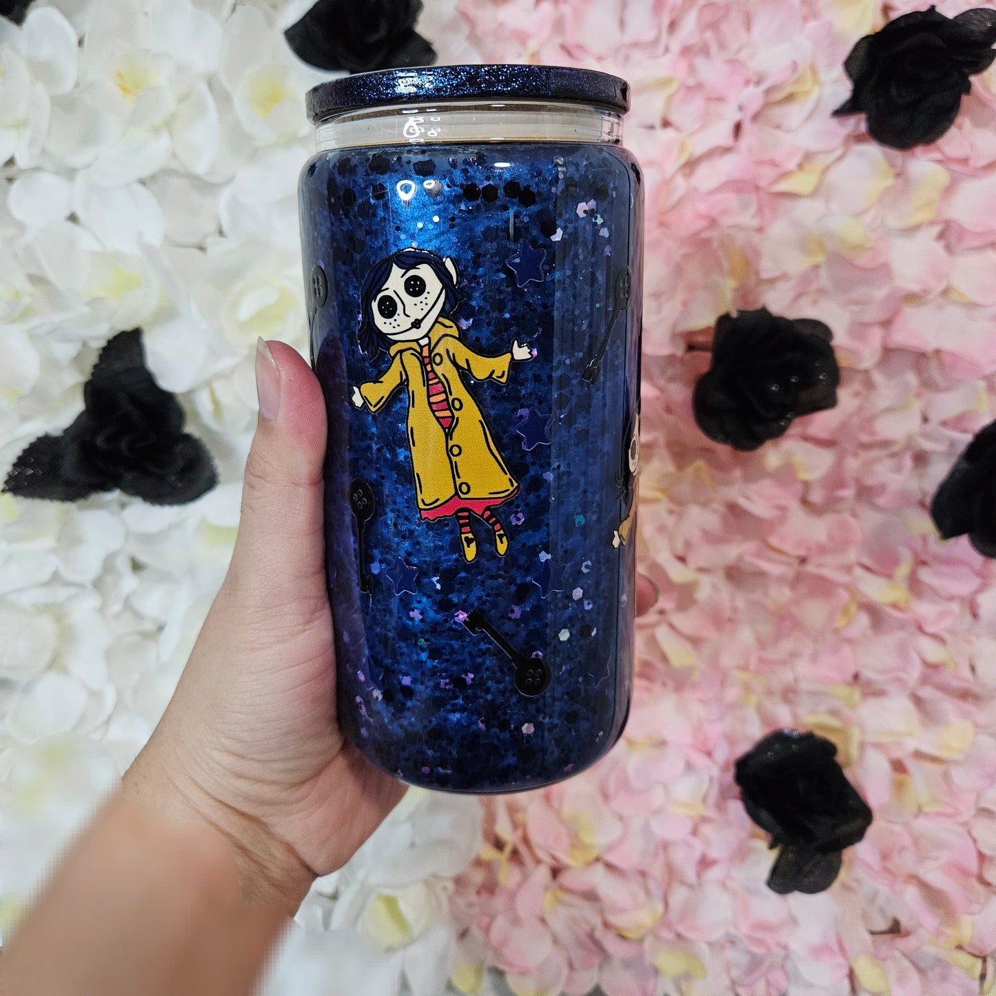 Vaso de cristal con forma de bola de nieve de 16 oz con forma de muñeca Coraline