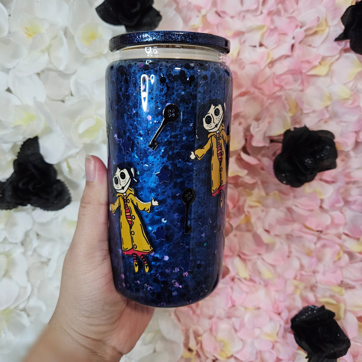 Vaso de cristal con forma de bola de nieve de 16 oz con forma de muñeca Coraline