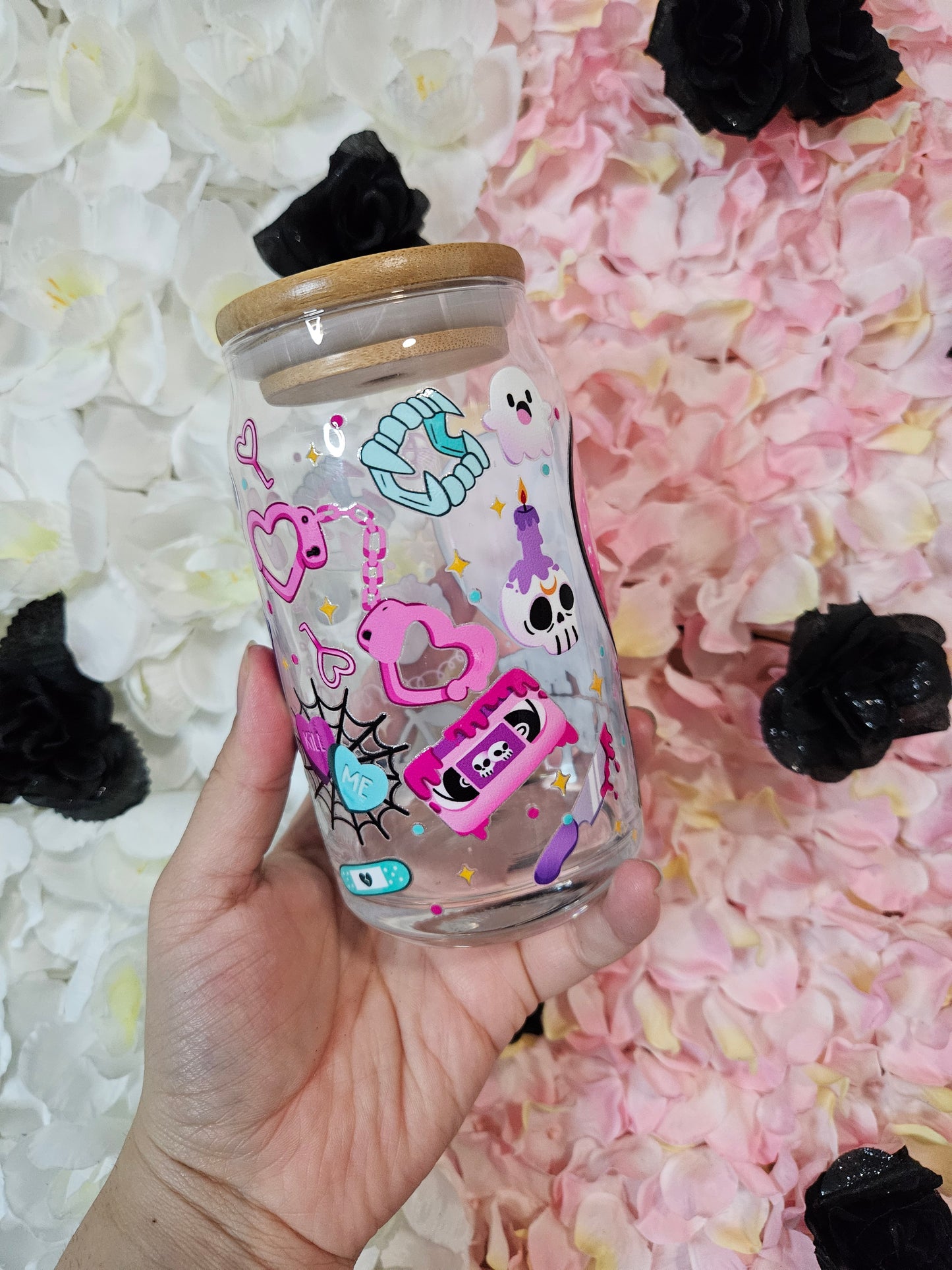 Vaso de vidrio de 16 oz con forma de cara fantasma de Kawaii