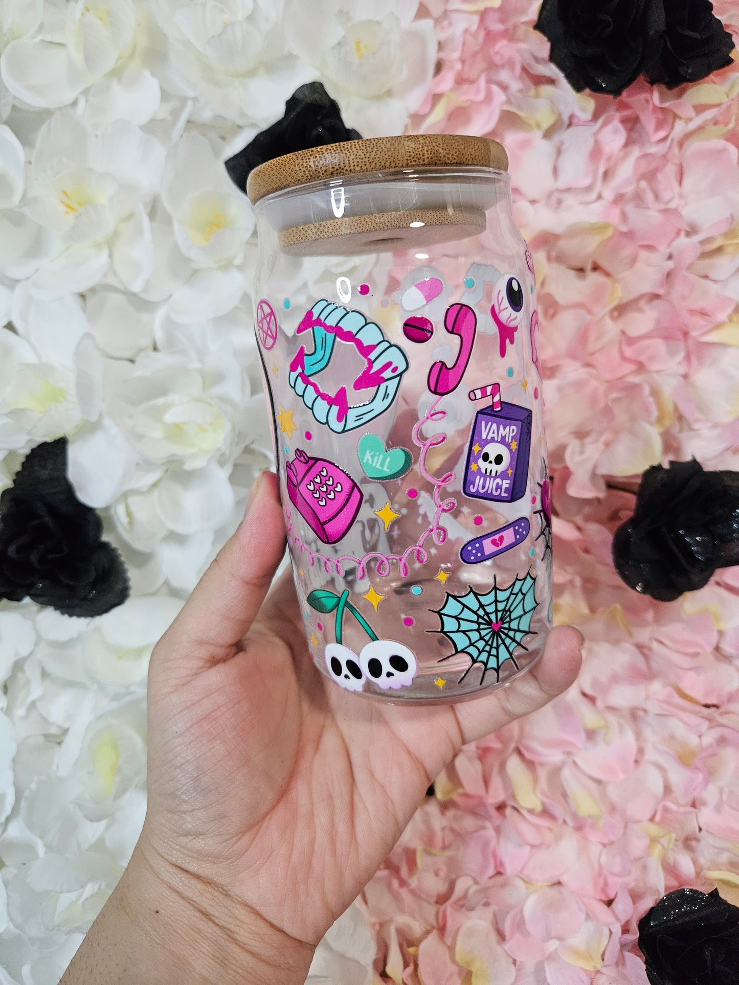 Vaso de vidrio de 16 oz con forma de cara fantasma de Kawaii