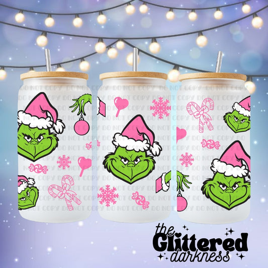 Pink Grinch V9 Glass Cup 16 oz