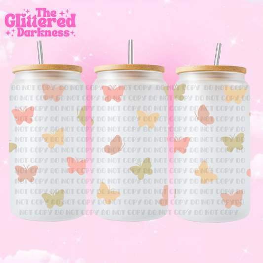 Vaso de vidrio con diseño de mariposas pastel de 16 oz