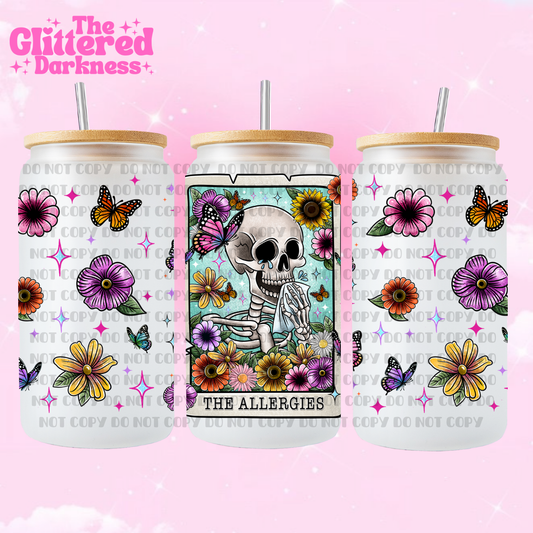 Vaso de cristal con esqueleto del Tarot de las alergias, 16 oz